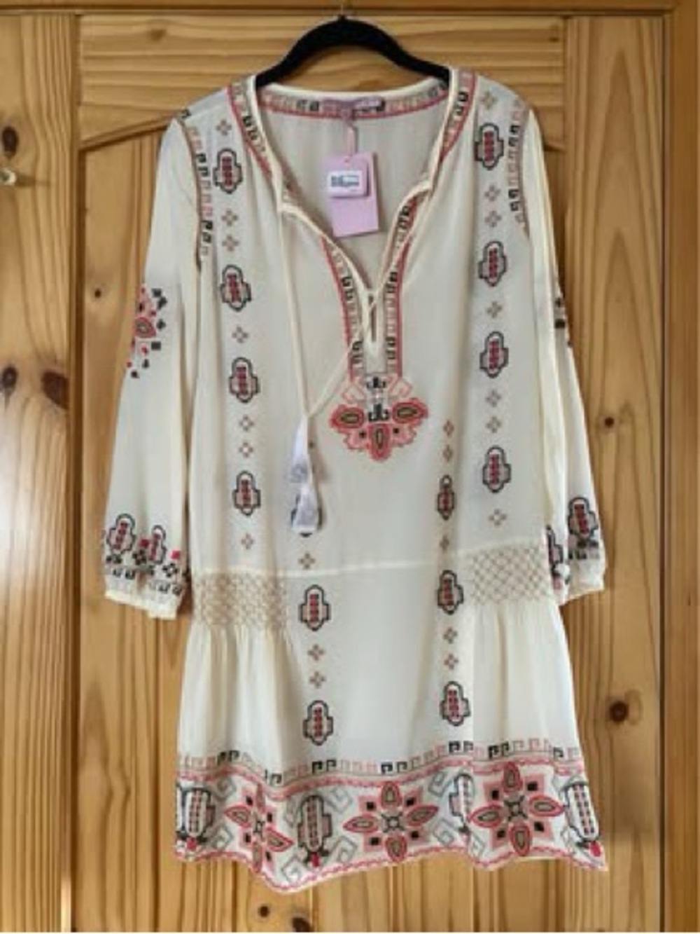 Calypso St. Barth Cream Silk Tunic with Pink and Coral Embroidery